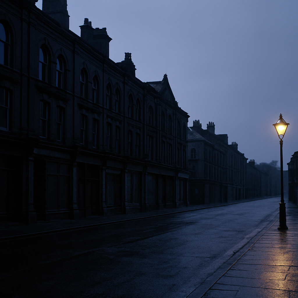 A quiet UK high street of Victorian commercial buildings at first light.