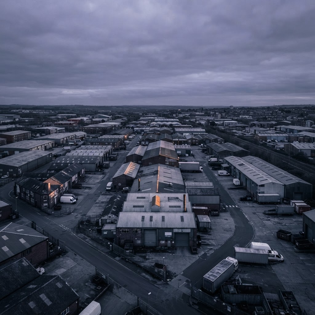 Aerial view of a mixed industrial estate at dawn.