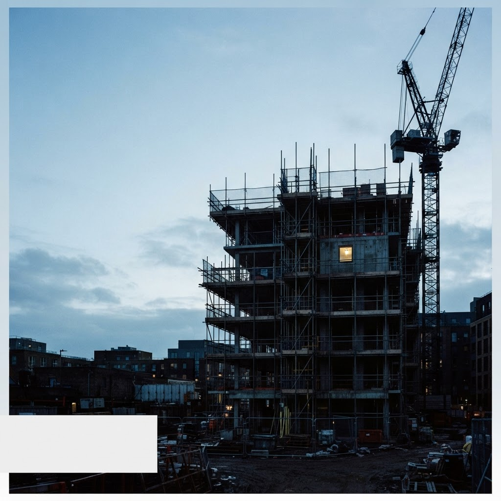 A part-built residential block in scaffolding at dusk.